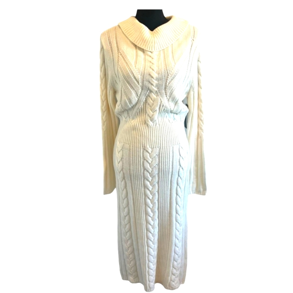 New York & Company Cream Cable Knit Long Sleeve Sweater Dress